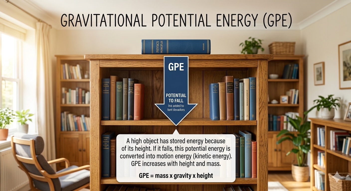 book on a shelf showing gravitational potential energy at home